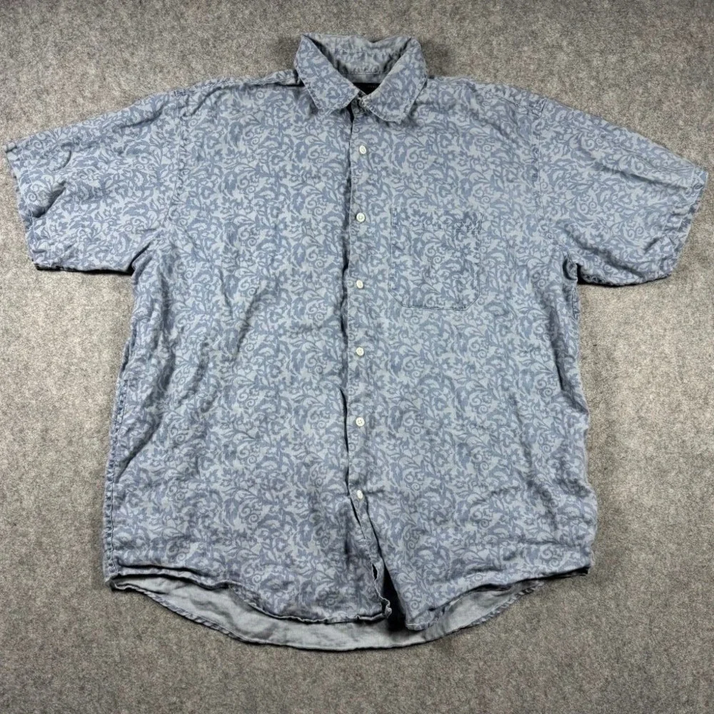 Banana Republic Mens 100%‎ Linen Floral Damask Short Sleeve Button Down Shirt L